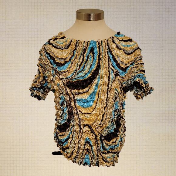 Y2K Crinkle Stretch Top Acrylic Paint Swirl Brown Blue Beige One Size Fits All - Picture 1 of 6